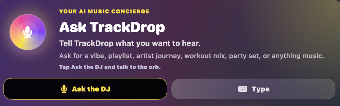 Ask TrackDrop AI music concierge controls