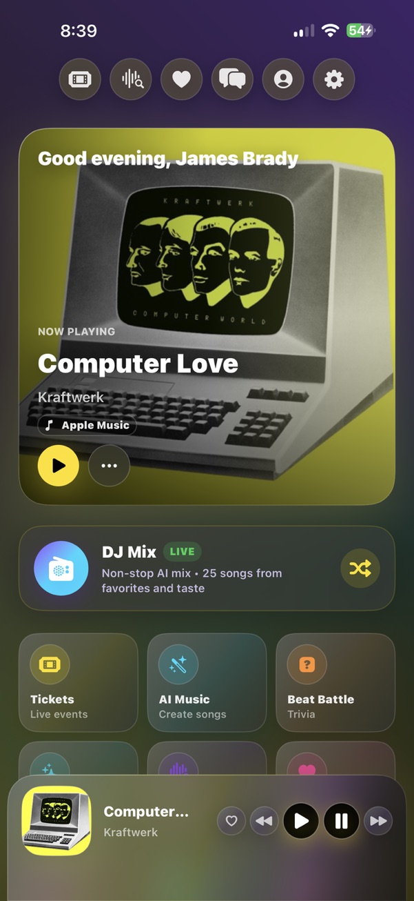 TrackDrop home screen showing Apple Music playback